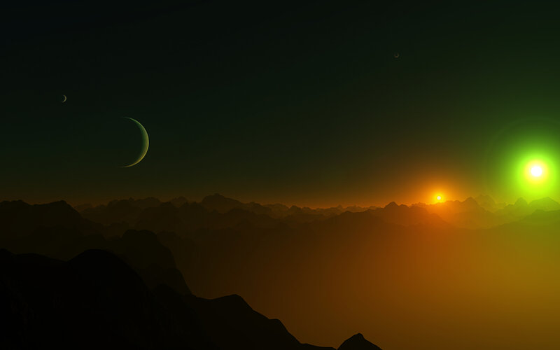 Alien Planet Landscape — Green, Dramatic, Sunrise