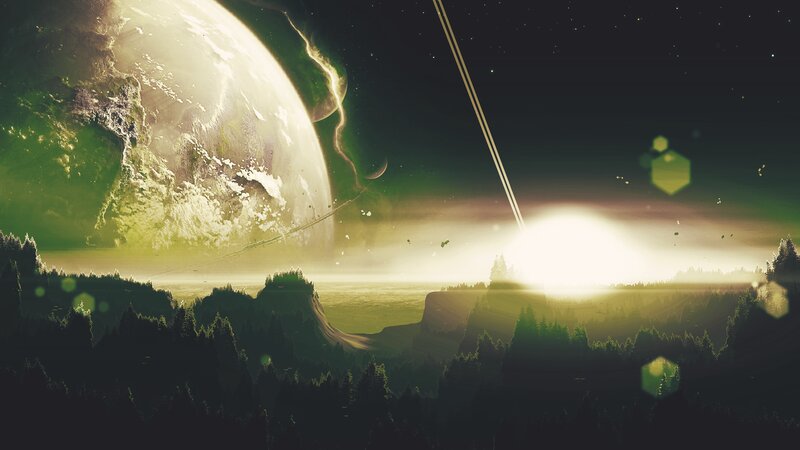 Alien Planet Landscape — Green, Dramatic, Sunset, Digital Art, Forest