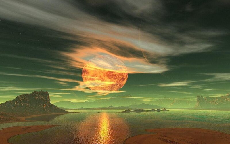 Alien Planet Landscape — Green, Dramatic, Sunset, Digital Art, Moon, Ocean