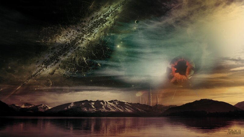 Alien Planet Landscape — Green, Dramatic, Sunset, Digital Art, Mountains, Lake