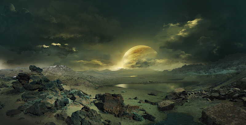 Alien Planet Landscape — Green, Dramatic, Sunset, Digital Art, Mountains