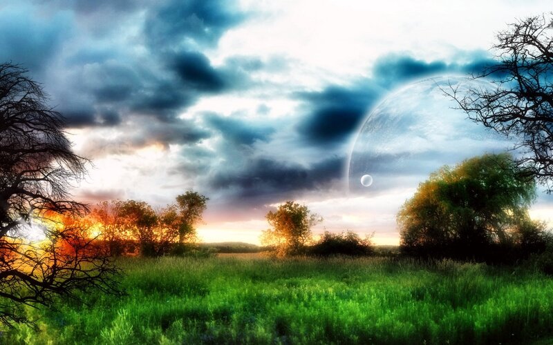 Alien Planet Landscape — Green, Dramatic, Sunset, Digital Art