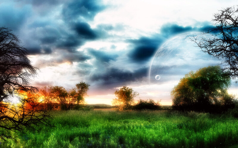 Alien Planet Landscape — Green, Dramatic, Sunset, Digital Art, Trees, Clouds