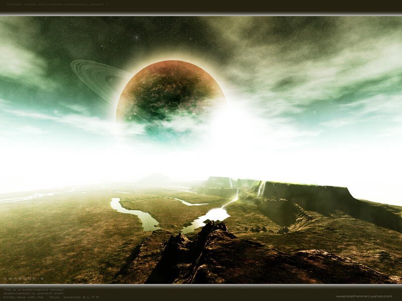 Alien Planet Landscape — Green, Dramatic, Sunset