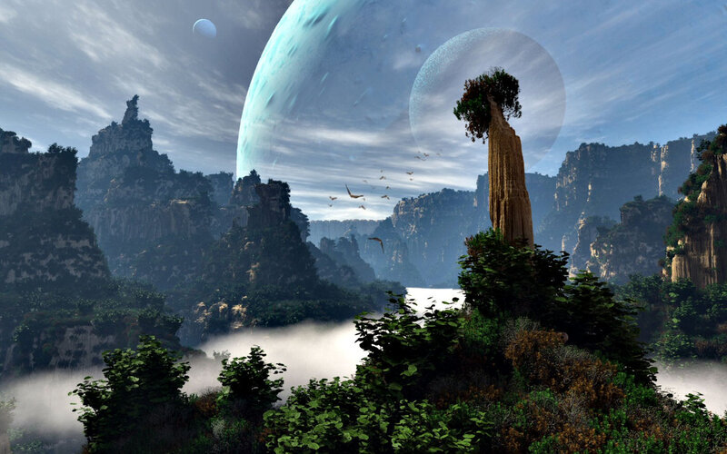 Alien Planet Landscape — Green, Serene, Morning