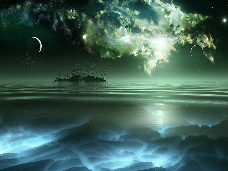 Alien Planet Landscape — Green, Serene, Night, Digital Art, Island