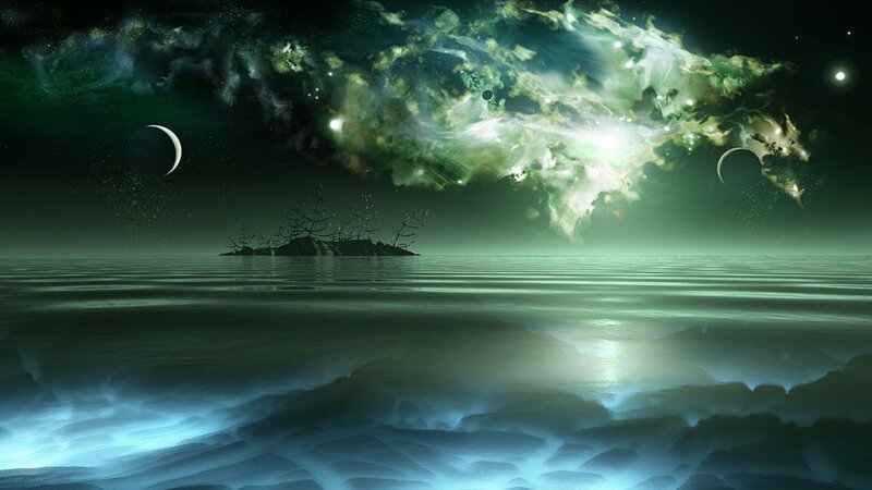 Alien Planet Landscape — Green, Serene, Night, Digital Art, Moon, Nebula