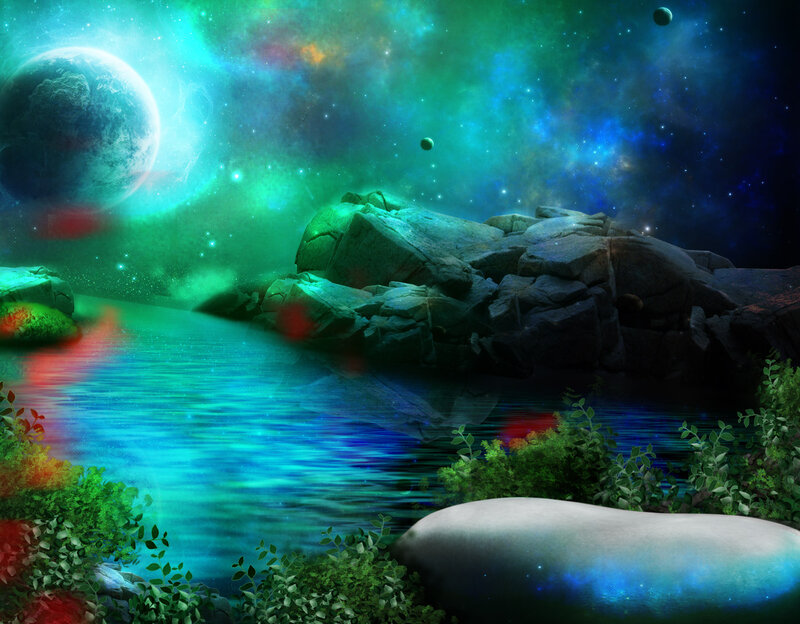 Alien Planet Landscape — Green, Serene, Night, Digital Art, Moon, River
