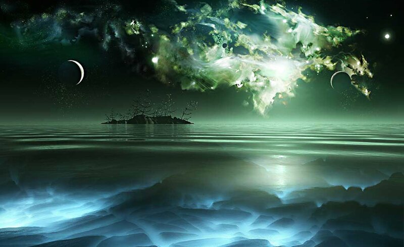 Alien Planet Landscape — Green, Serene, Night, Digital Art, Moon