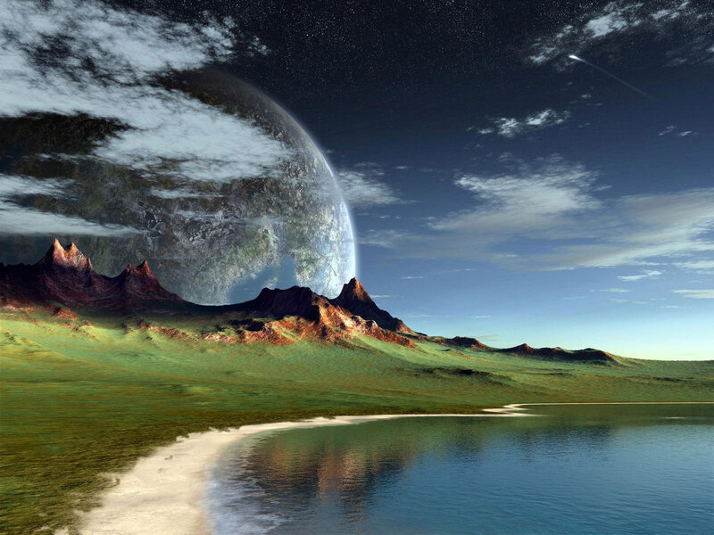 Alien Planet Landscape — Green, Serene, Night, Digital Art, Mountains