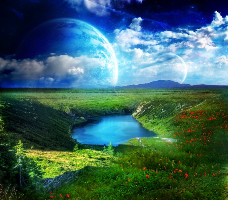 Alien Planet Landscape — Green, Serene, Night, Digital Art, Planets