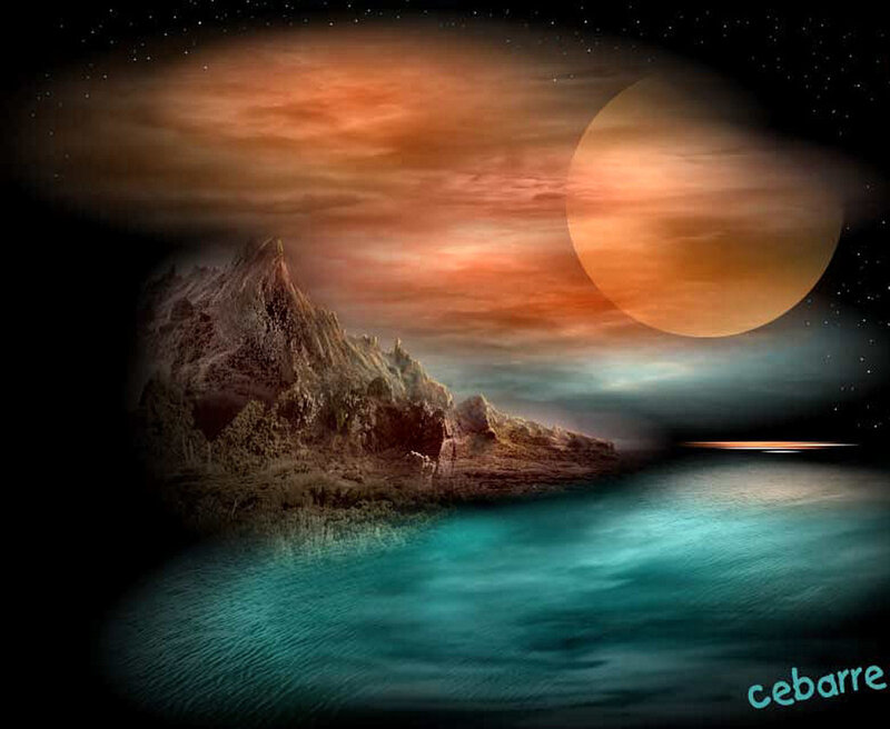 Alien Planet Landscape — Orange, Dramatic, Night, Digital Art, Mountain
