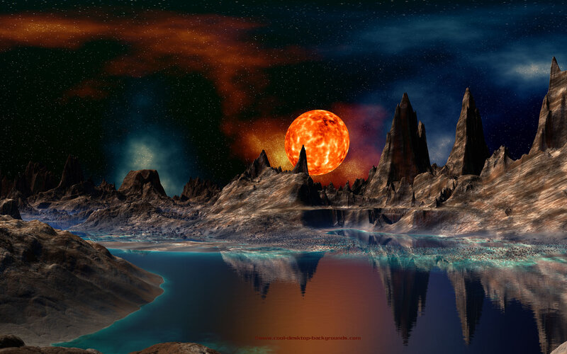 Alien Planet Landscape — Orange, Dramatic, Night, Digital Art, Mountains, Lake, Starfield