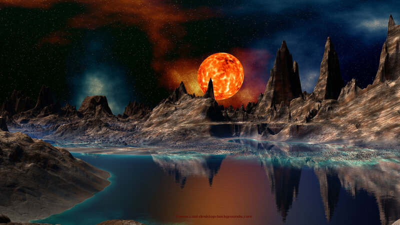 Alien Planet Landscape — Orange, Dramatic, Night, Digital Art, Mountains, Lake