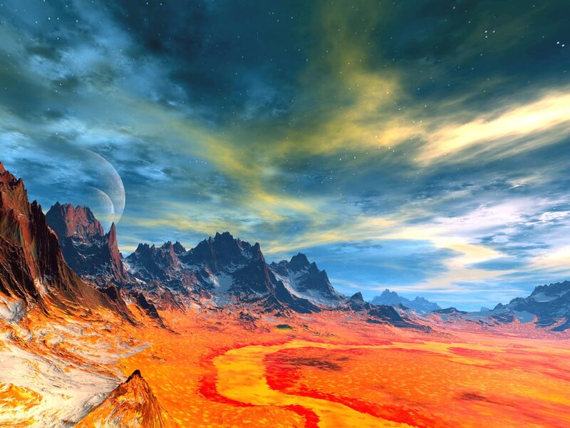 Alien Planet Landscape — Orange, Dramatic, Night, Digital Art, Mountains, Lava Flow
