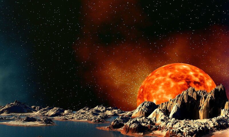 Alien Planet Landscape — Orange, Dramatic, Night, Digital Art, Mountains, Ocean
