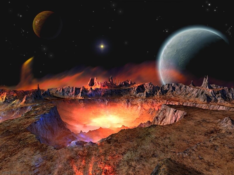 Alien Planet Landscape — Orange, Dramatic, Night, Digital Art, Planets, Stars, Volcanic Terrain
