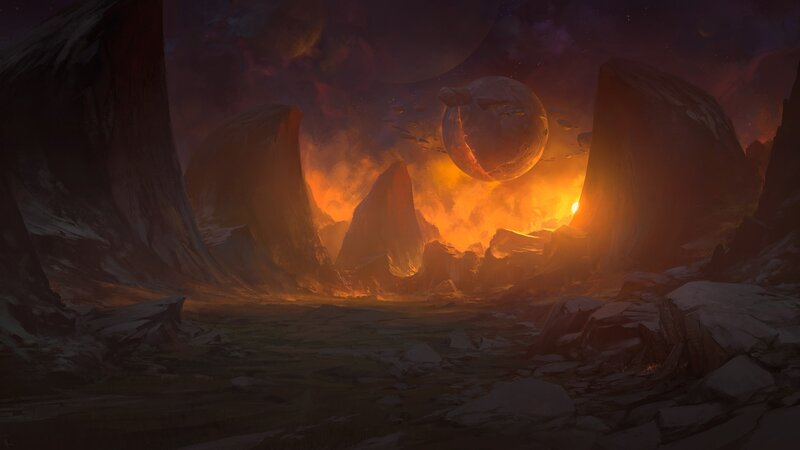 Alien Planet Landscape — Orange, Dramatic, Night, Digital Art, Rock Formations
