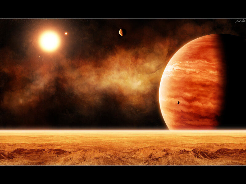 Alien Planet Landscape — Orange, Dramatic, Night, Digital Art, Star, Moon