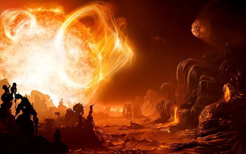 Alien Planet Landscape — Orange, Dramatic, Night, Digital Art, Sun, Moon