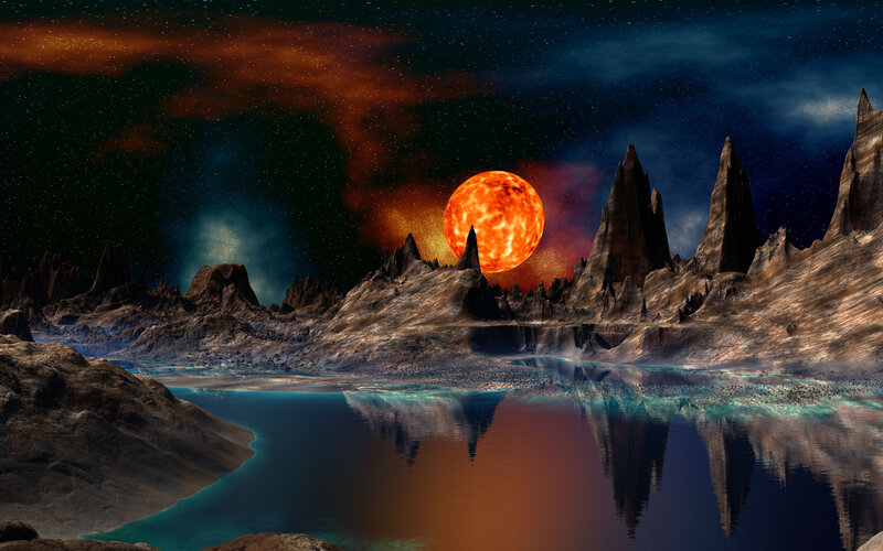 Alien Planet Landscape — Orange, Dramatic, Night, Digital Art