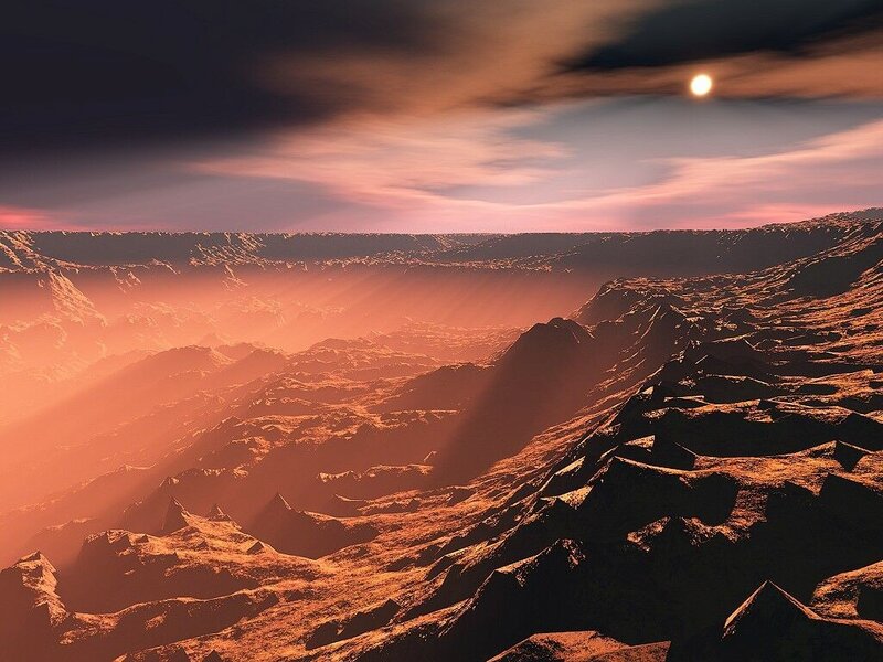 Alien Planet Landscape — Orange, Dramatic, Sunset, 3d Render, Mountains, Sun, Clouds