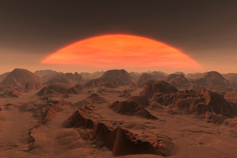 Alien Planet Landscape — Orange, Dramatic, Sunset, 3d Render, Mountains, Sun, Sky