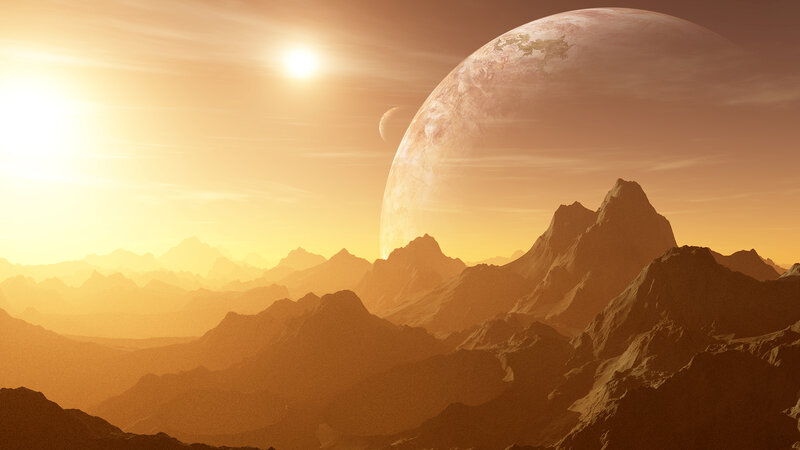 Alien Planet Landscape — Orange, Dramatic, Sunset, 3d Render, Mountains, Sun