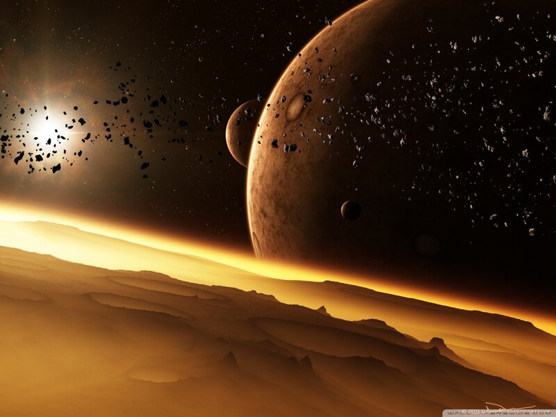 Alien Planet Landscape — Orange, Dramatic, Sunset, Digital Art, Asteroids