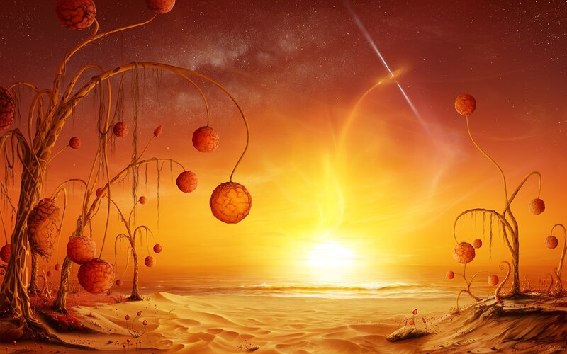 Alien Planet Landscape — Orange, Dramatic, Sunset, Digital Art, Brain-like Fruits, Stars