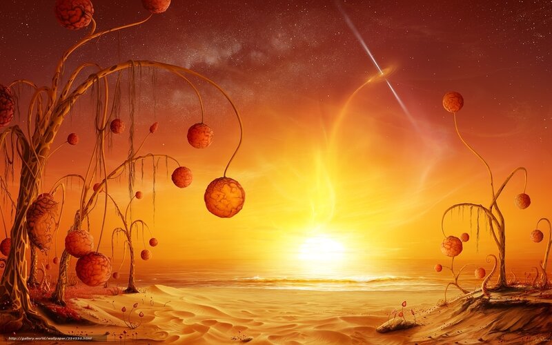 Alien Planet Landscape — Orange, Dramatic, Sunset, Digital Art, Brain-like Fruits