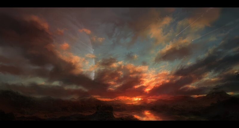 Alien Planet Landscape — Orange, Dramatic, Sunset, Digital Art, Clouds
