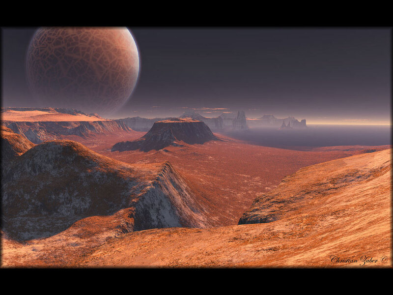 Alien Planet Landscape — Orange, Dramatic, Sunset, Digital Art, Cracked Moon