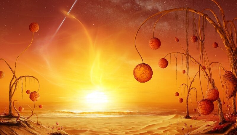 Alien Planet Landscape — Orange, Dramatic, Sunset, Digital Art, Exotic Plants