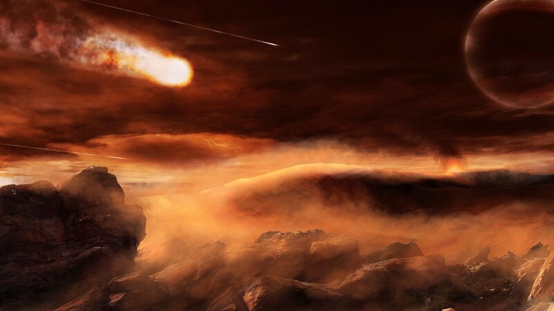 Alien Planet Landscape — Orange, Dramatic, Sunset, Digital Art, Meteor