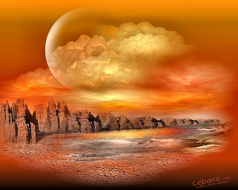 Alien Planet Landscape — Orange, Dramatic, Sunset, Digital Art, Moon, Clouds