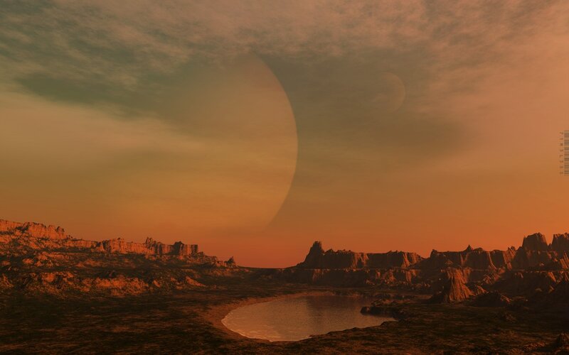 Alien Planet Landscape — Orange, Dramatic, Sunset, Digital Art, Moon, Lake