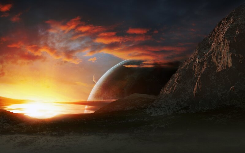 Alien Planet Landscape — Orange, Dramatic, Sunset, Digital Art, Moon, Mountain