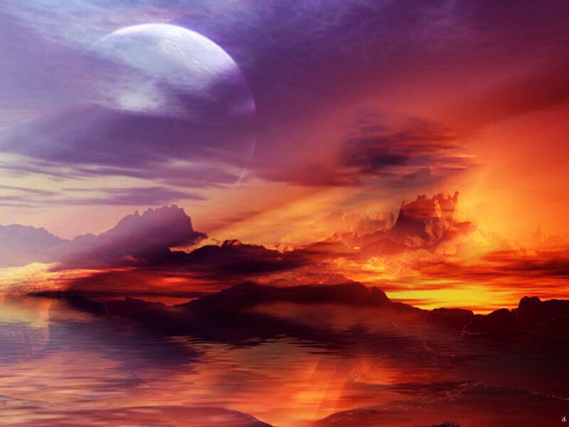 Alien Planet Landscape — Orange, Dramatic, Sunset, Digital Art, Moon, Mountains