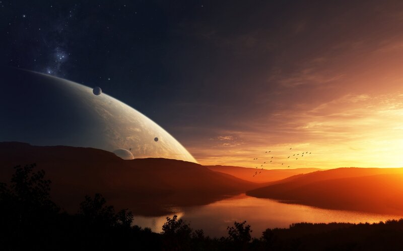 Alien Planet Landscape — Orange, Dramatic, Sunset, Digital Art, Moon, River