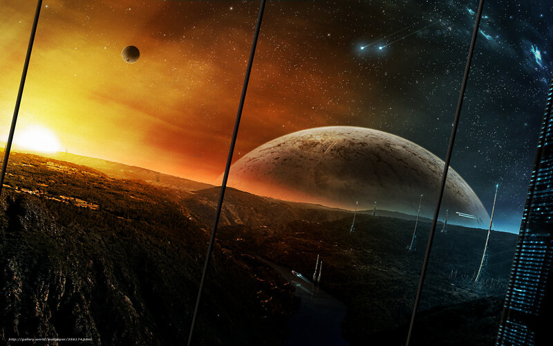 Alien Planet Landscape — Orange, Dramatic, Sunset, Digital Art, Moon, Spacecraft