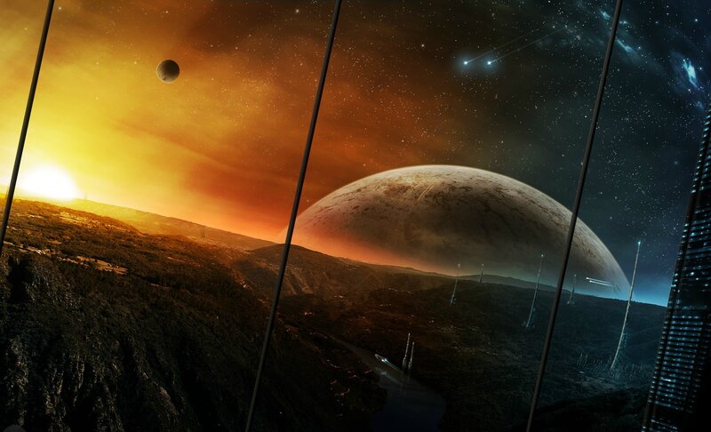 Alien Planet Landscape — Orange, Dramatic, Sunset, Digital Art, Moon, Stars, Spacecraft