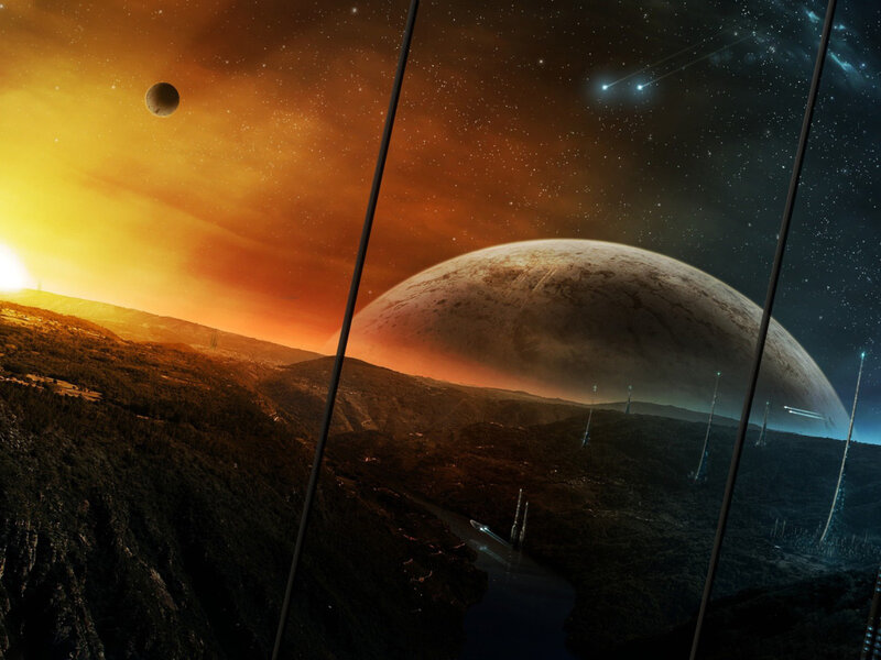 Alien Planet Landscape — Orange, Dramatic, Sunset, Digital Art, Moon, Stars