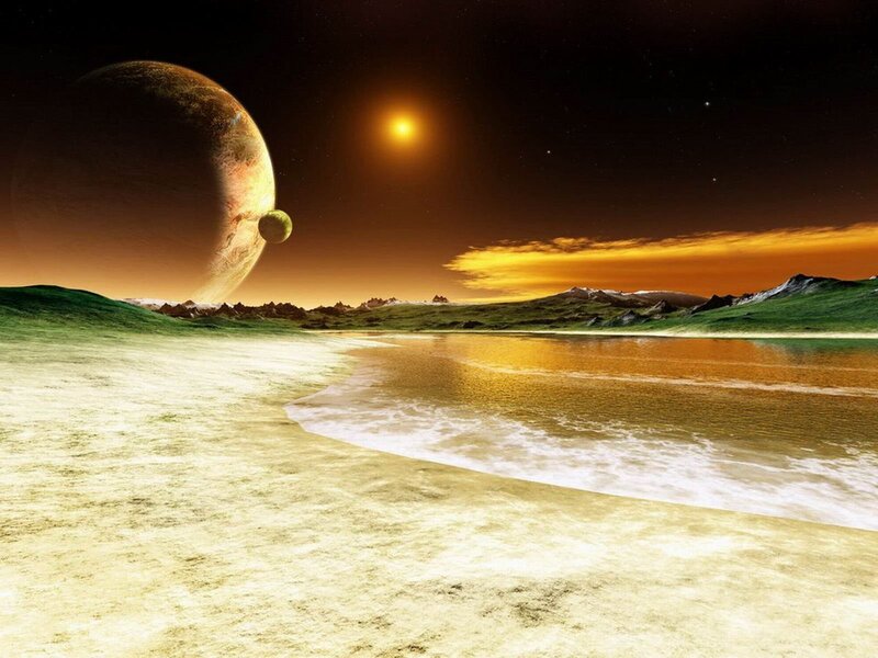 Alien Planet Landscape — Orange, Dramatic, Sunset, Digital Art, Moon, Sun
