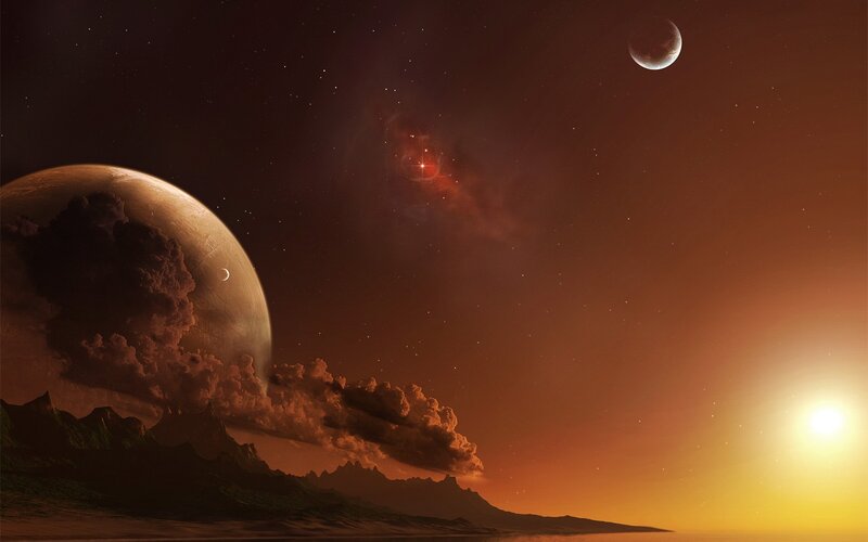 Alien Planet Landscape — Orange, Dramatic, Sunset, Digital Art, Moon