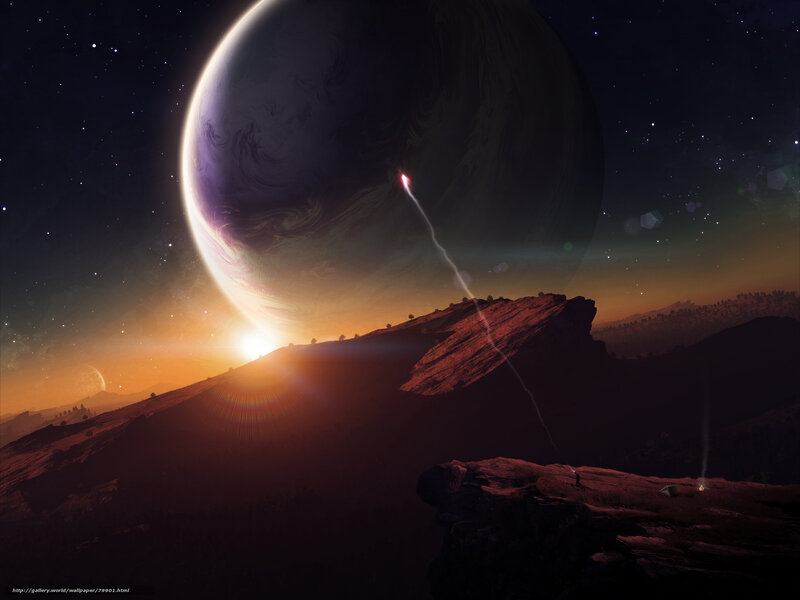 Alien Planet Landscape — Orange, Dramatic, Sunset, Digital Art, Mountain