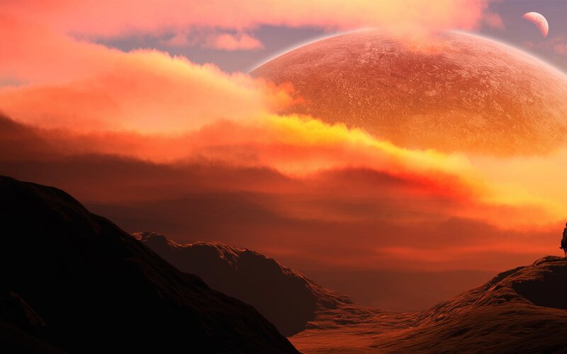 Alien Planet Landscape — Orange, Dramatic, Sunset, Digital Art, Mountains, Clouds
