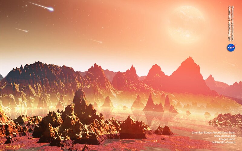 Alien Planet Landscape — Orange, Dramatic, Sunset, Digital Art, Mountains, Meteor