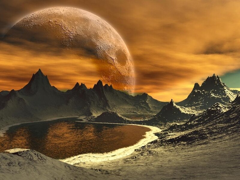 Alien Planet Landscape — Orange, Dramatic, Sunset, Digital Art, Mountains, Moon, Lake