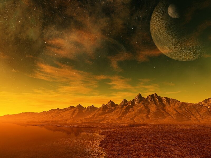 Alien Planet Landscape — Orange, Dramatic, Sunset, Digital Art, Mountains, Moon, Stars, Yellow